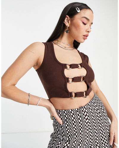 The Ragged Priest Ribbed Crop Singlet Top With Plunge Ring Front Detail - Brown