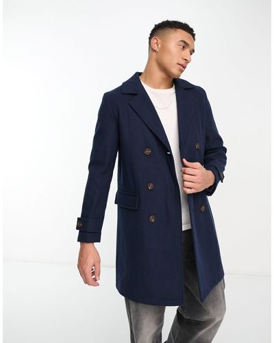 Original Penguin Double Breasted Wool Mix Overcoat - Blue