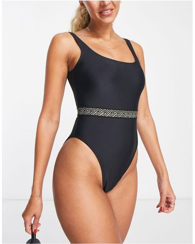 New Look Scoop Neck Swimsuit With Monogram Waist Belt - Brown