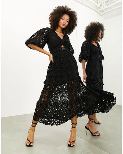 ASOS Broderie Twist Front Midi Dress With Puff Sleeve - Black