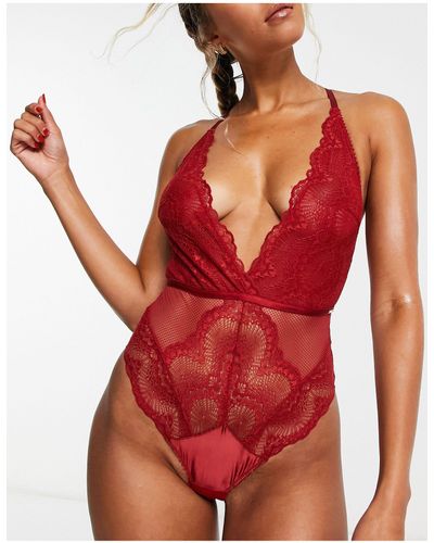 DORINA Jenner Lace And Fishnet Plunge Front Bodysuit - Red