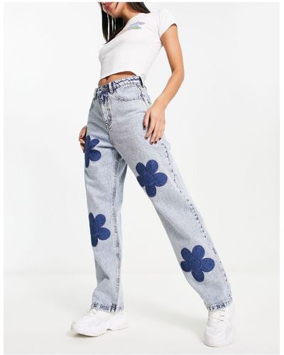 Daisy Street Ruimvallende Jeans Met Patchwork Madeliefjes - Blauw
