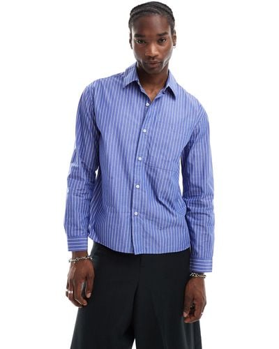 Pull&Bear Long Sleeve Striped Poplin Shirt - Blue