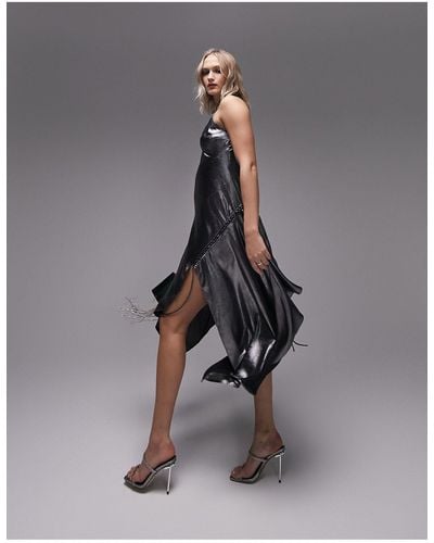 TOPSHOP Asymmetric Lace Up Midi Slip Dress - Gray