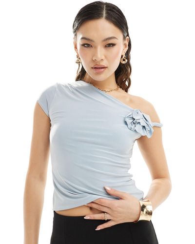 ASOS Cap Twist Sleeve Top With Corsage - White