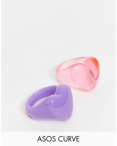 ASOS Asos Design Curve - Set Van 2 Ringen Met Hartjes Van Roze En Paars Kunststof