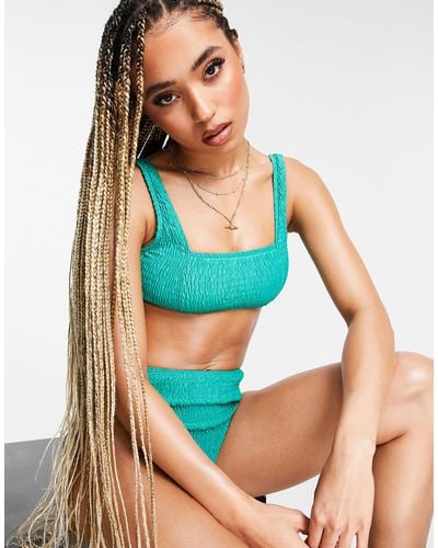 Missguided Crinkle Bikini Top With Square Neck - Green