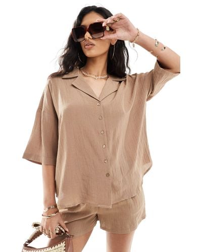In The Style Linen Look Short Sleeve Shirt Co-ord - Brown