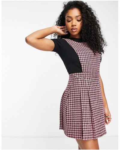 Miss Selfridge Pleated Dogtooth Pinny Dress With Dimante Trim Detail - Multicolor