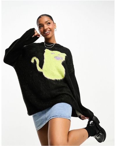 Monki Oversized Knitted Sweater With Jacquard Cat Placement - Black