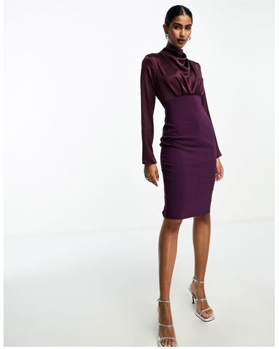 ASOS High Neck Satin Midi Dress With Structured Skirt - Purple