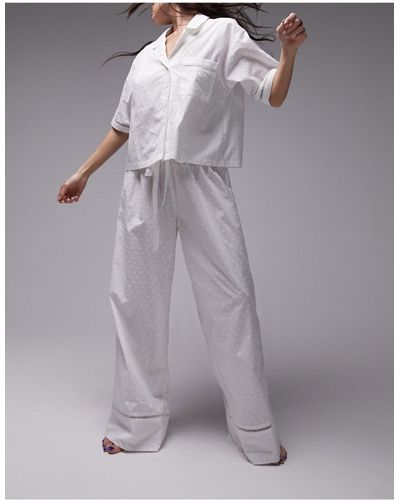 TOPSHOP Katoenen Pyjamaset Van Overhemd En Broek Met Textuur - Wit