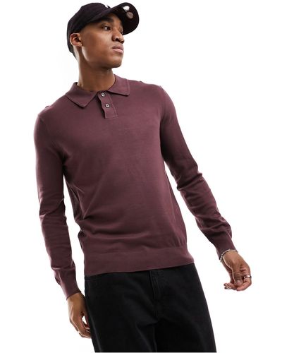 River Island Polo basica color melanzana a maniche lunghe - Rosso