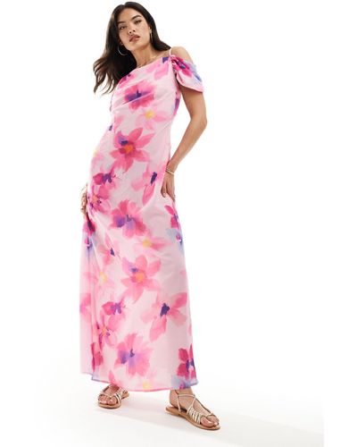 Vero Moda Off Shoulder Maxi Slip Dress - Pink