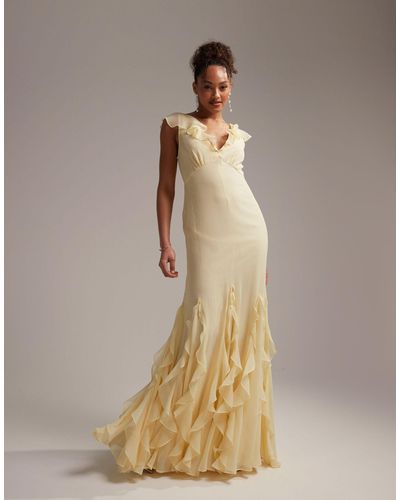 ASOS Bridesmaids Flutter Sleeve Bias Maxi Dress With Godet Frill Hem - Natural