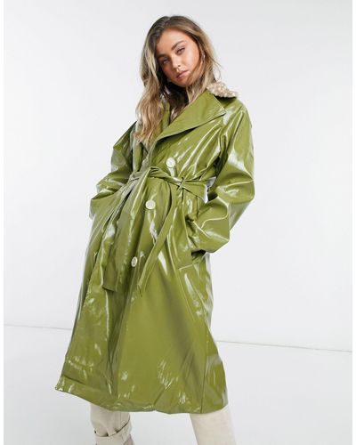 Daisy Street Pu Trench Coat With Deer Faux Fur Collar-green