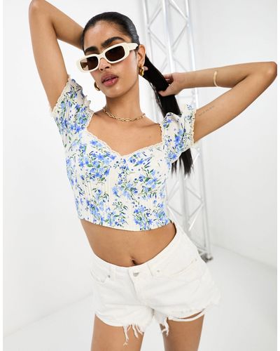 Mango Crop Top Met Pofmouwen En Korsetdetail - Blauw