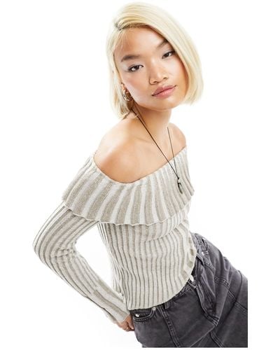 Reclaimed (vintage) Pleated Rib Knit Off Shoulder Top With Asymmetrical Hem - White
