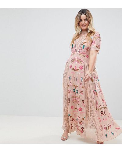 Frock and Frill Allover Embroidered Plunge Front Maxi Dress - Pink