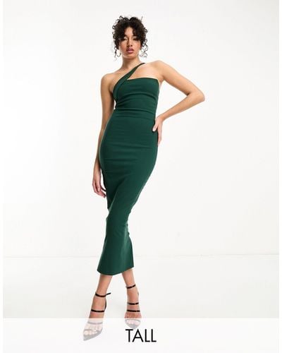 Vesper Contrast Satin Trim One Shoulder Midi Dress - Green