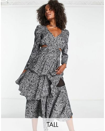TOPSHOP Cut Out Waist Print Tiered Occasion Midi Dress - Gray