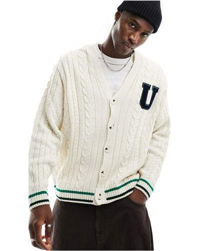ASOS Oversized Cable Knit Cardigan With Badge - White