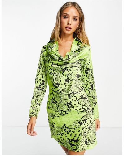 River Island Satin Cowl Neck Warped Snake Print Mini Dress - Green