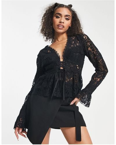 ASOS Lace Corset Top With Long Sleeve & Lace Up Detail - Black