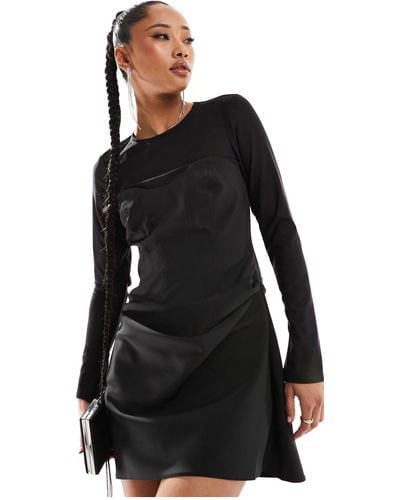 ASOS Corset Detail Mini Dress With Mesh Sleeves - Black