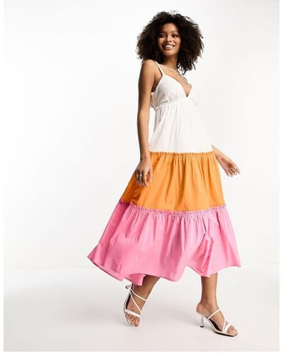 River Island Contrast Tiered Midi Beach Dress With Tie Back - Pink