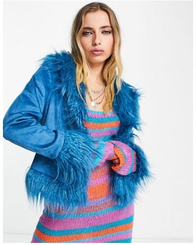 Bershka shaggy Fur Trim Detail Jacket - Blue