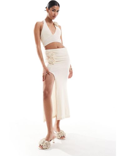 Bershka Knit Flower Applique Maxi Skirt - White