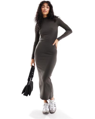 Pull&Bear Long Sleeved High Neck Maxi Dress - Black