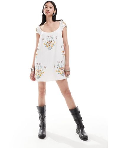 Free People Floral Embroidery Chuck On Mini Dress - White