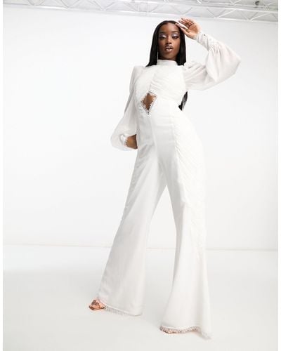 ASOS Ruched Chiffon Jumpsuit With Blouson Sleeve And Lace Detail - White