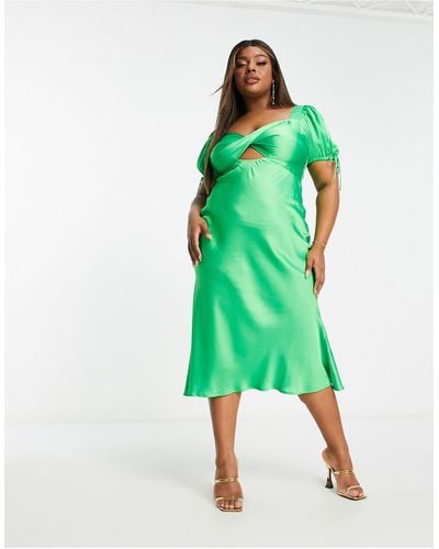 ASOS Asos Design Curve Satin Midi Tea Dress With Twist Front - Green