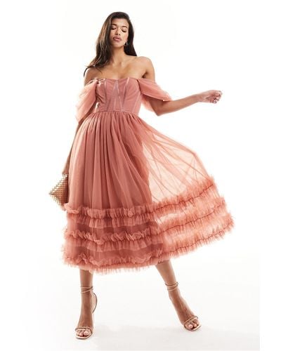LACE & BEADS Off Shoulder Ruffle Tulle Midaxi Dress - Pink