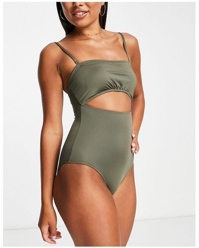 Accessorize Exclusive Ruched Bandeau Cut Out Swimsuit - Green