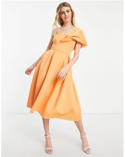 ASOS One Shoulder Pleat Front Midi Prom Dress - Orange