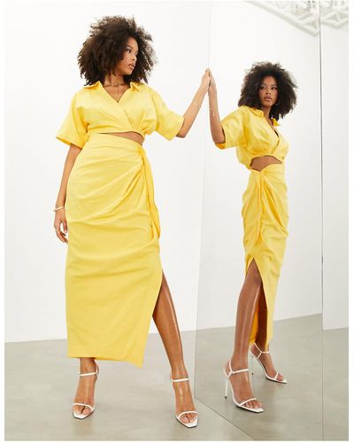 ASOS Linen Ruched Detail Maxi Skirt - Yellow