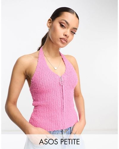 ASOS Asos Design Petite Knitted Halter Top With Zip Neck Detail - Pink