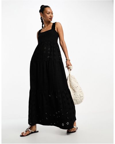 ASOS Square Neck Broderie Tiered Maxi Dress - Black