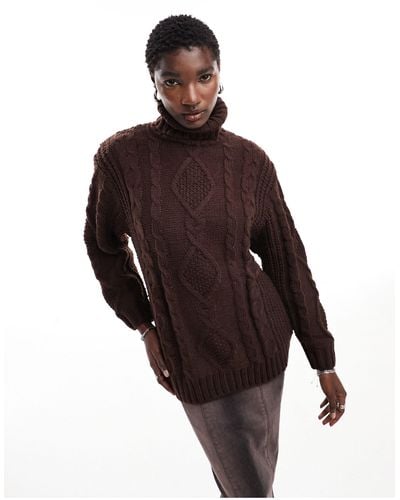 Monki Heavy Knitted Roll Neck Jumper - Brown