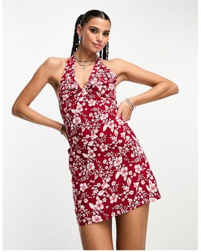 Motel Bold Floral Halter Neck Mini Dress - Red