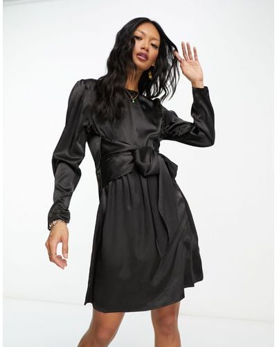 Vila Tie Detail Satin Mini Dress - Black