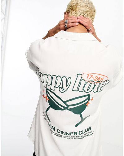 Dr. Denim Madi - Ruimvallend Overhemd Met Zwarte 'happy Hour' Print - Wit