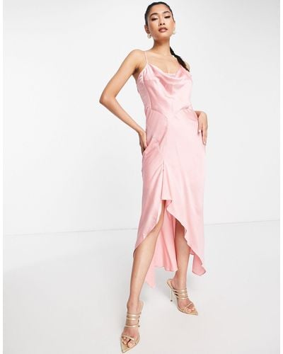 Liquorish Bridesmaid Editorial Satin Slip Dress With Ruffle Detail - Pink