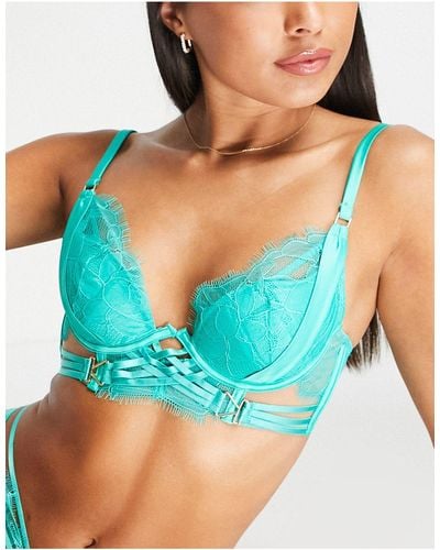 Ann Summers Inspired Lace Longline Padded Plunge Bra - Blue