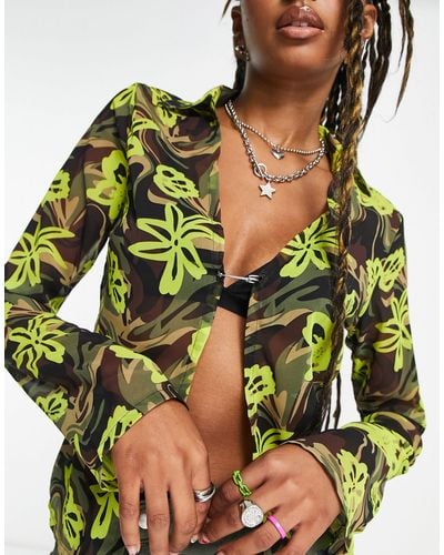 Collusion Neon Floral Open Front Shirt With Pin Opening - Green
