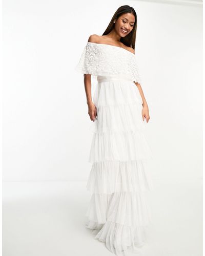 Beauut Bridal Bardot Tiered Tulle Maxi Dress With Embellished Top - White
